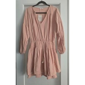 Girl and the‎ Sun Peachy Pink Smocked Waist Tassel Tie V Neck Dress Medium Linen